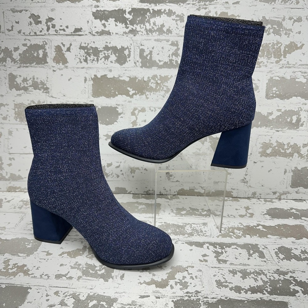 Mia Piana Sock Bootie Womens 9M Blue Glitter Knit Ankle Block Heel Stretch